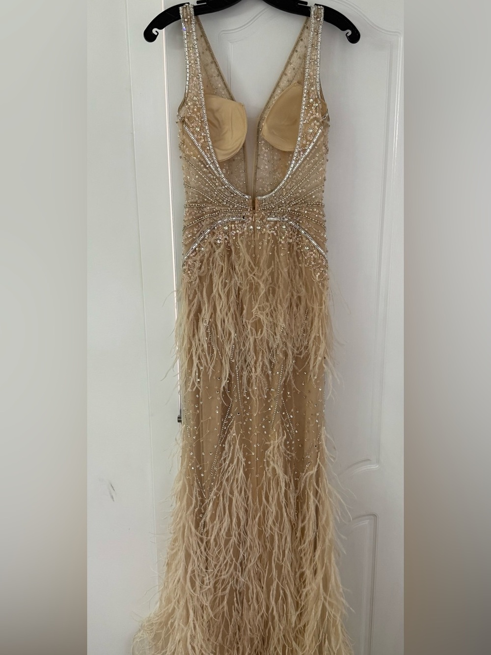 Jovani Cream Feather & Beaded Evening Gown - Picture 6 of 7